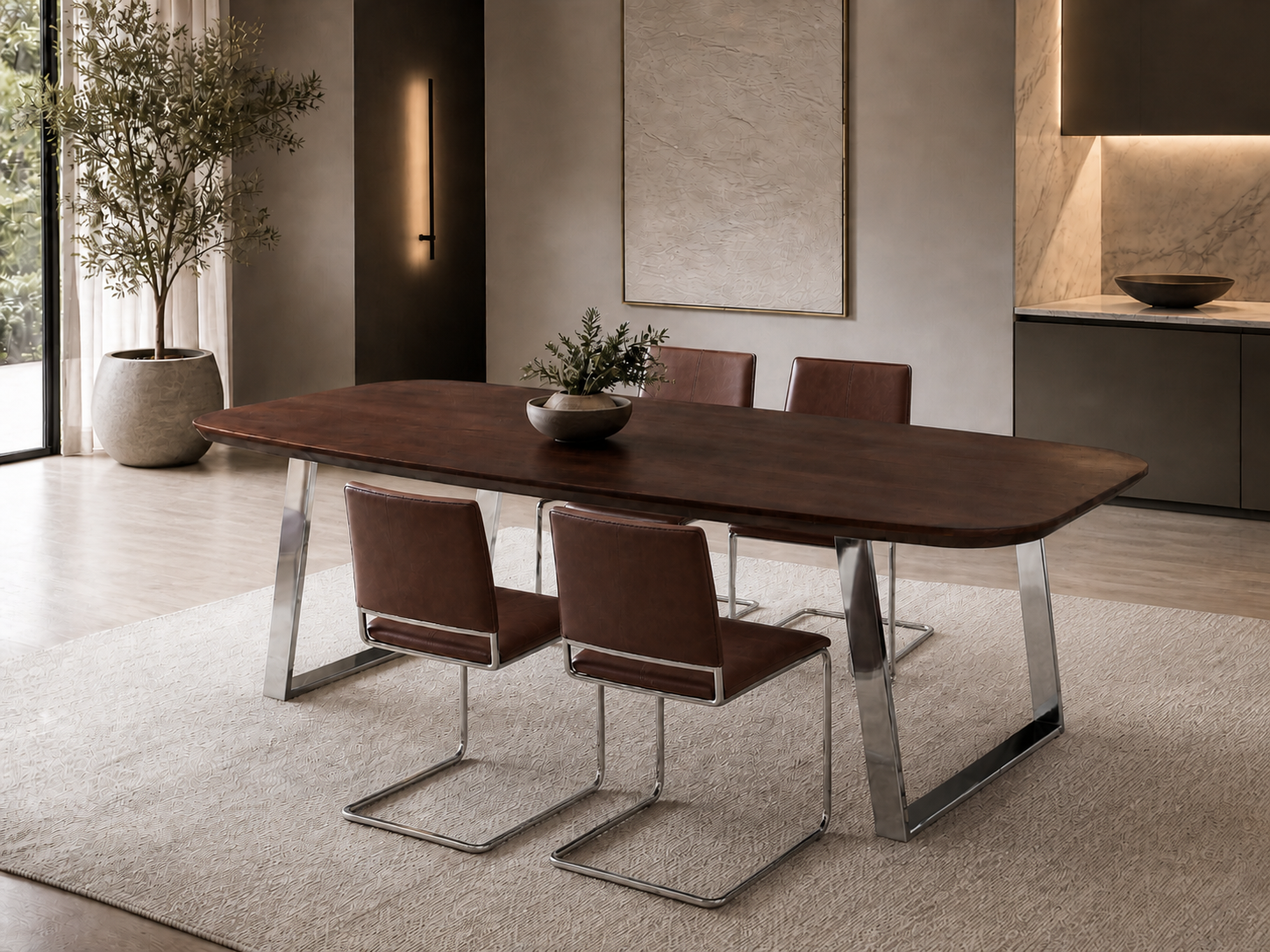 Mesa de comedor ovalada Elipse Caoba de madera maciza de roble y  patas de acero Inox
