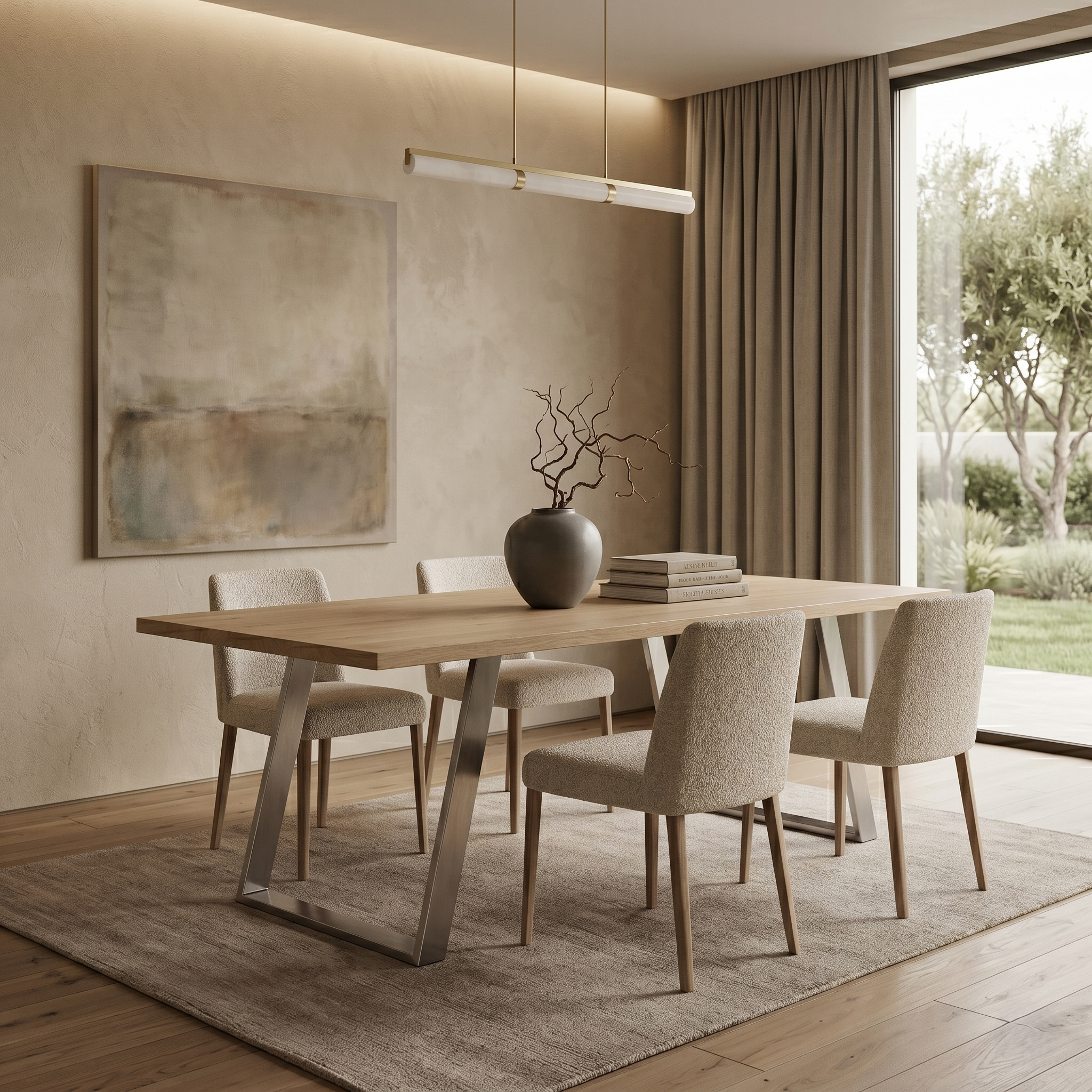 Mesa Frame Natura de madera maciza de roble y patas inclinadas de Inox