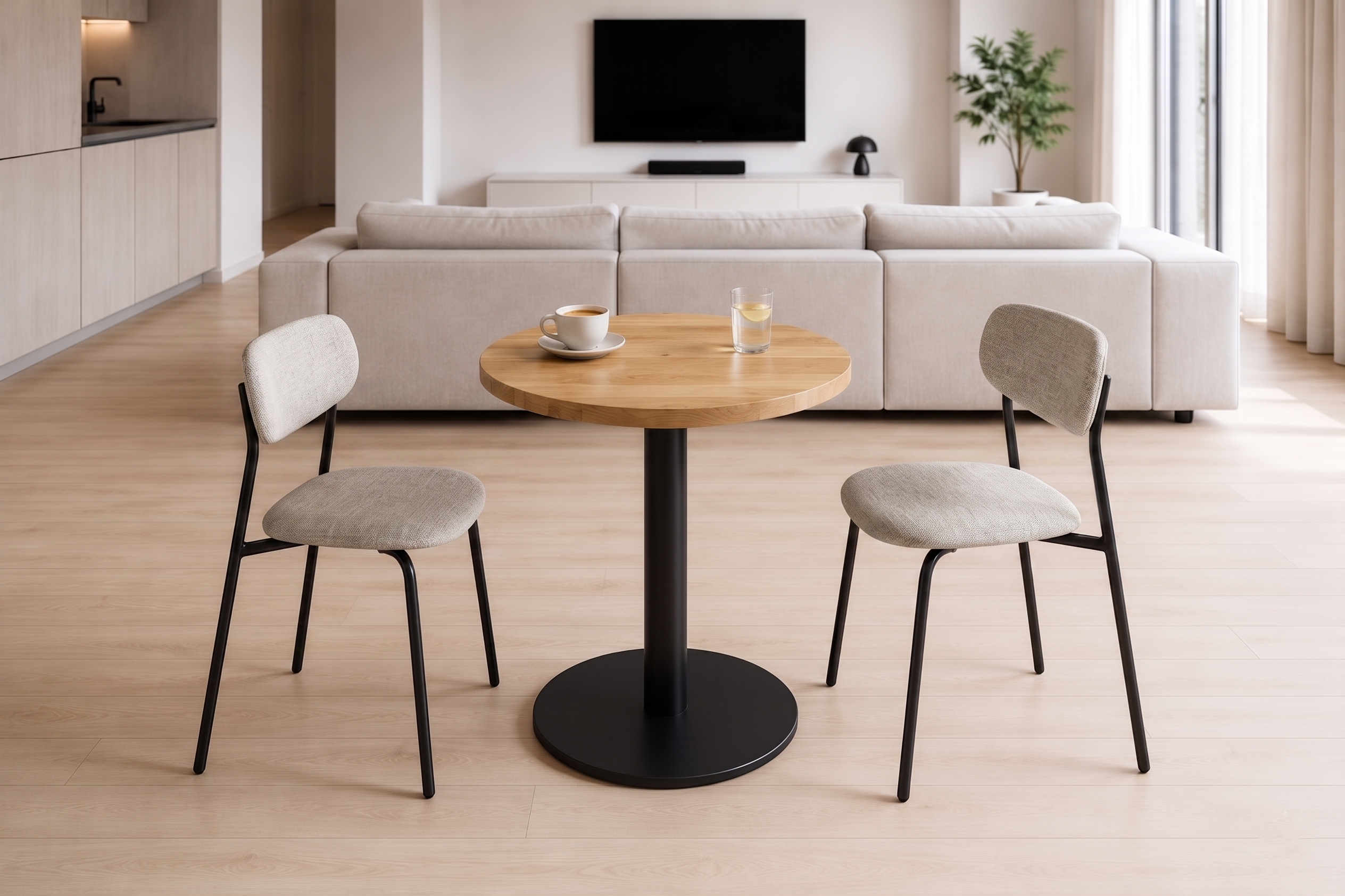 Mesa Redonda LUMA de Roble Macizo Natural 50 cm con Base Negra Central