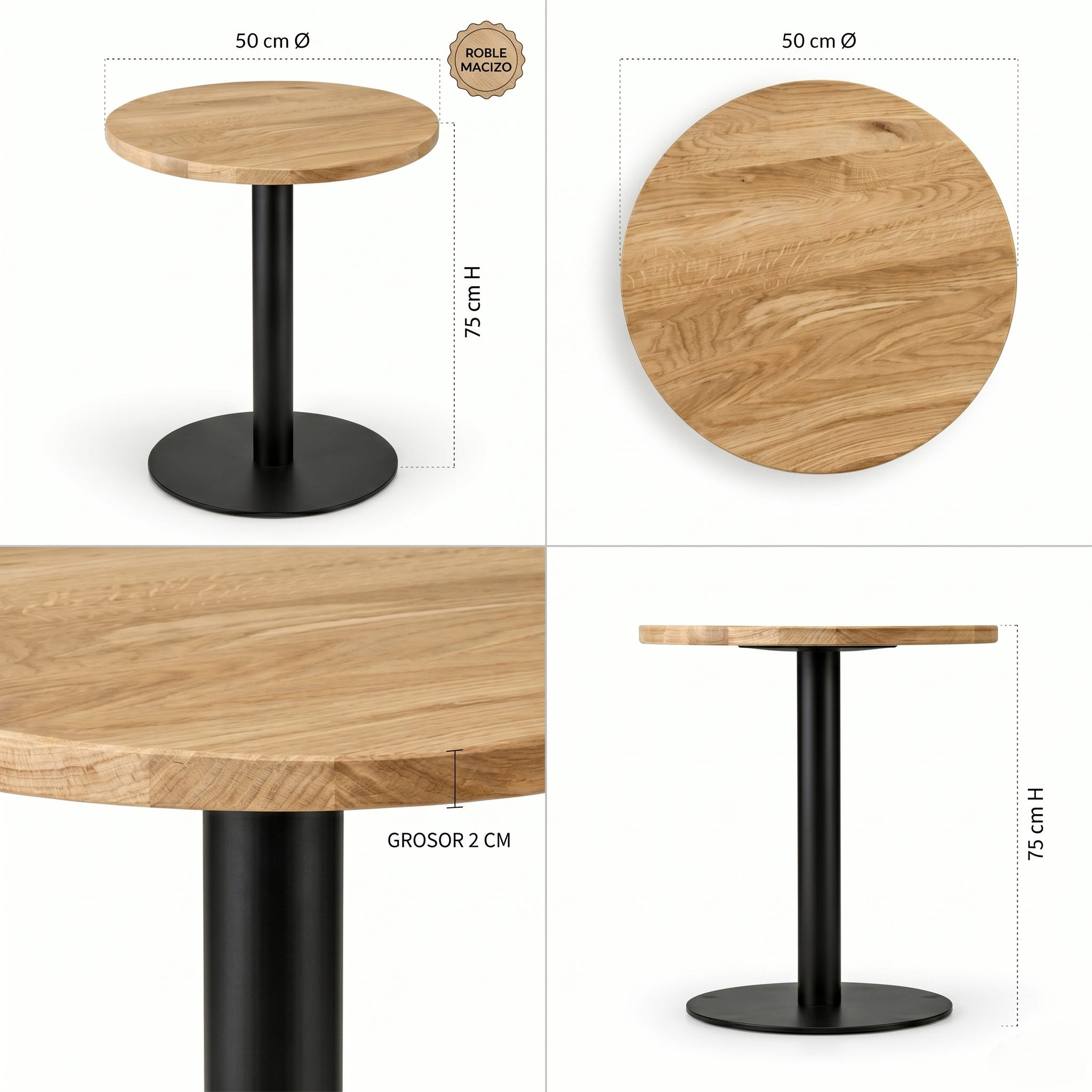Mesa Redonda LUMA de Roble Macizo Natural 50 cm con Base Negra Central