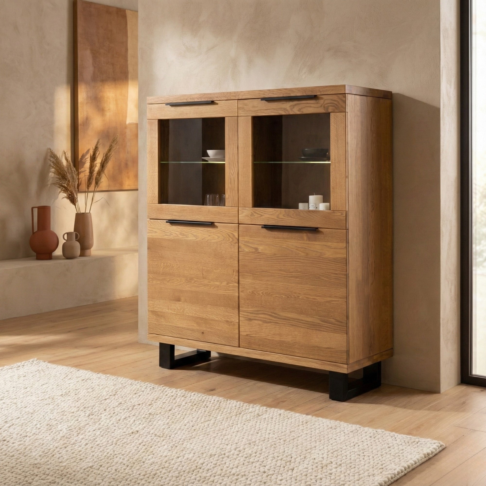 Vitrina aparador LIFE 120 en roble macizo natural y patas de acero negro