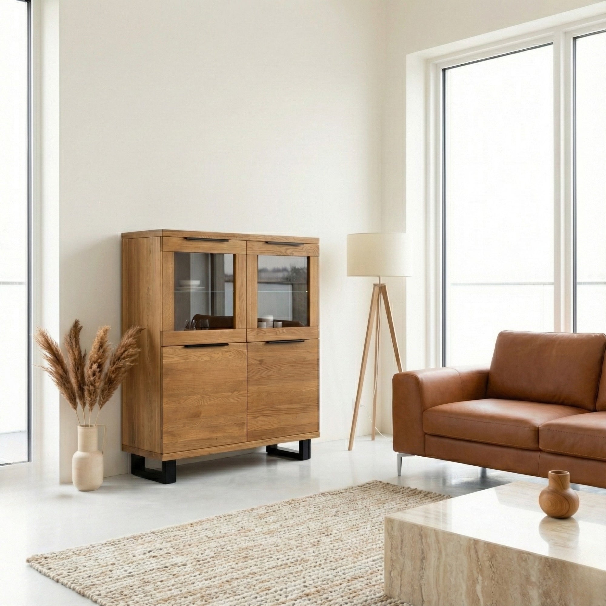 Vitrina aparador LIFE 120 en roble macizo natural y patas de acero negro