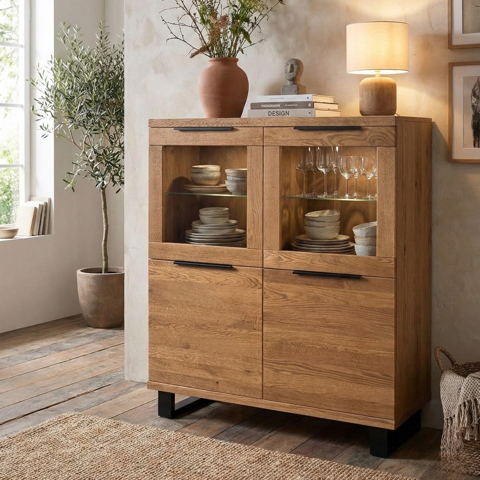 Vitrina aparador LIFE 120 en roble macizo natural y patas de acero negro