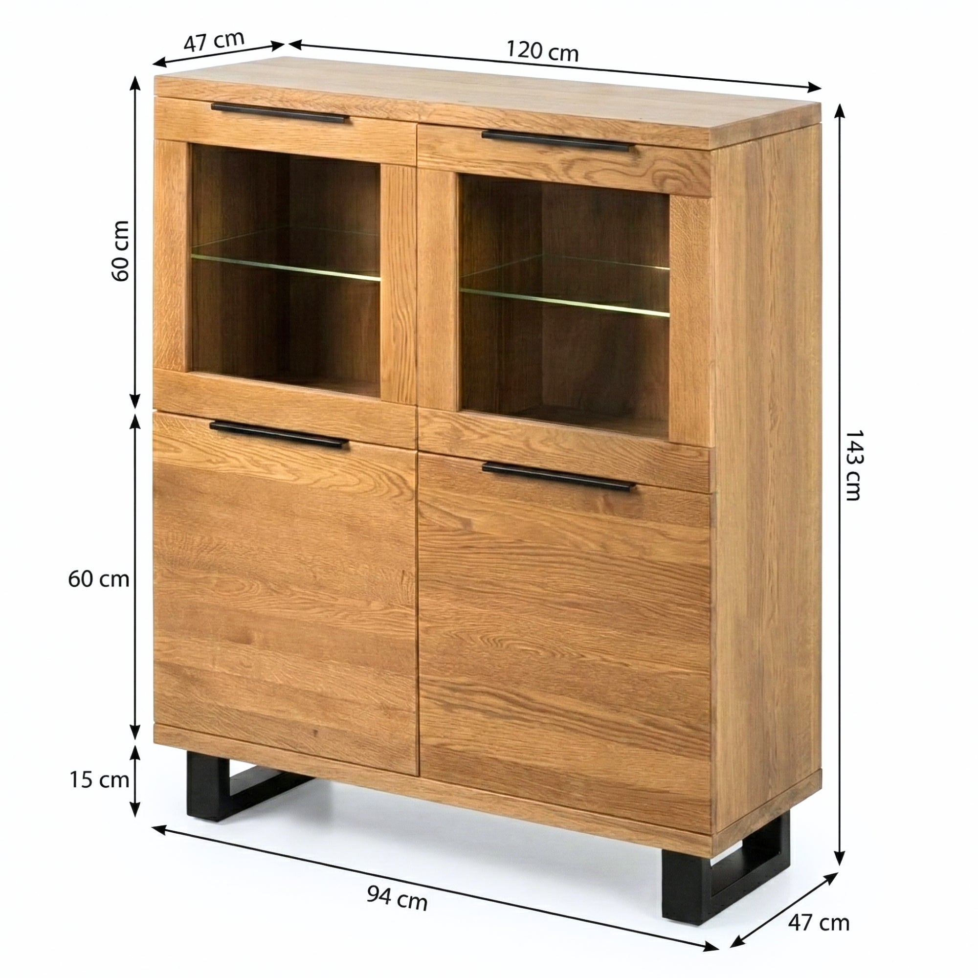 Vitrina aparador LIFE 120 en roble macizo natural y patas de acero negro