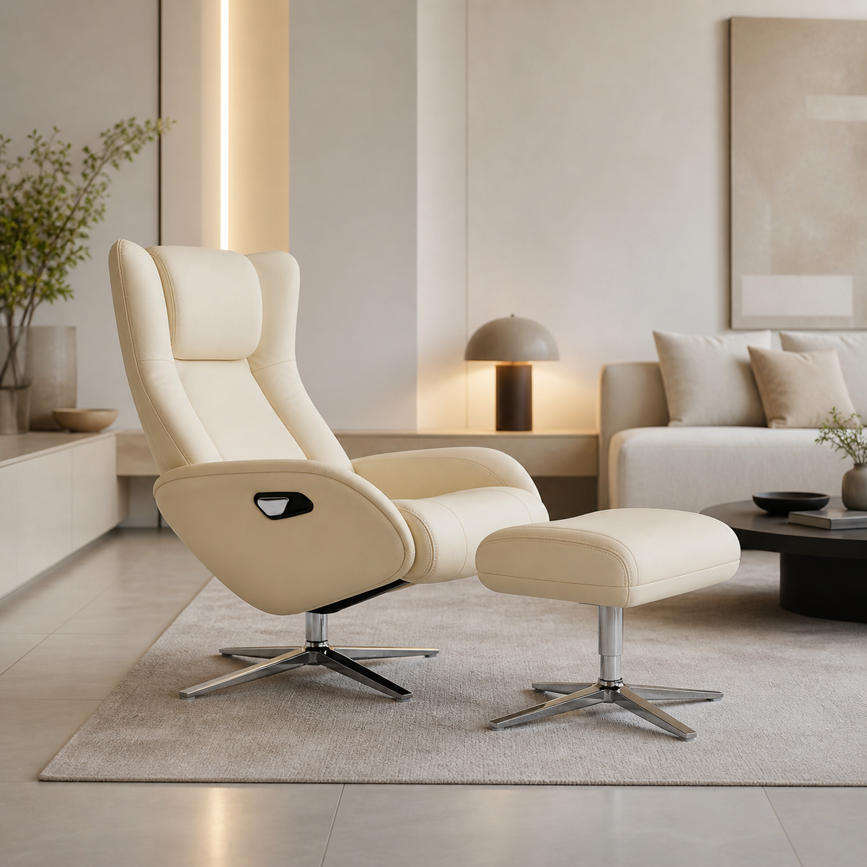 Sillón Relax REAL de Piel Beige Crema con Reposapiés